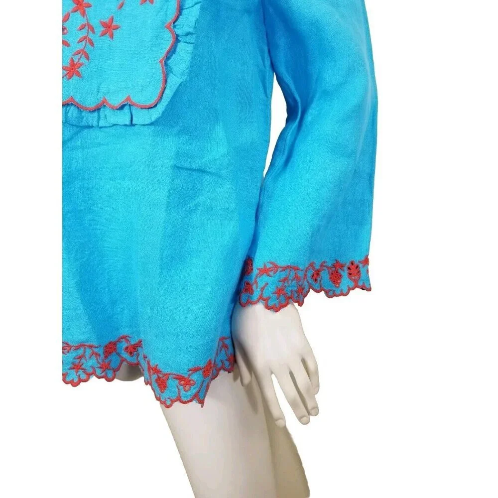 J. Crew Women's Size S Tunic Blouse Top Blue Embroidered Linen Relaxed Fit 30